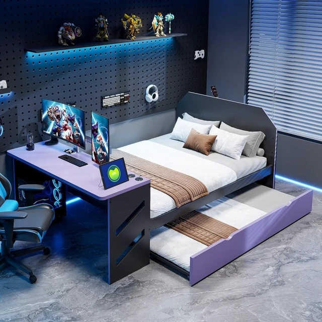 Alt view image 3 of 7 - Hassyee Full Size Wooden Daybed with Pull-Out Trundle, Modern Platform Bed with USB Port and Slat Support, Sofa Beds with Desk for Boys Girls Teens Gaming Room Guest Room Bedroom (Purple Full)
