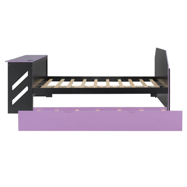 Alt view image 5 of 7 - Hassyee Full Size Wooden Daybed with Pull-Out Trundle, Modern Platform Bed with USB Port and Slat Support, Sofa Beds with Desk for Boys Girls Teens Gaming Room Guest Room Bedroom (Purple Full)
