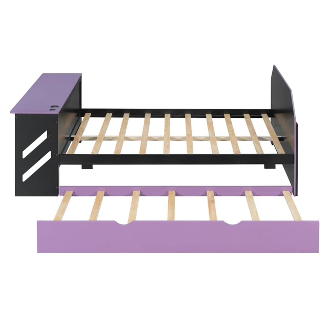 Alt view image 6 of 7 - Hassyee Full Size Wooden Daybed with Pull-Out Trundle, Modern Platform Bed with USB Port and Slat Support, Sofa Beds with Desk for Boys Girls Teens Gaming Room Guest Room Bedroom (Purple Full)