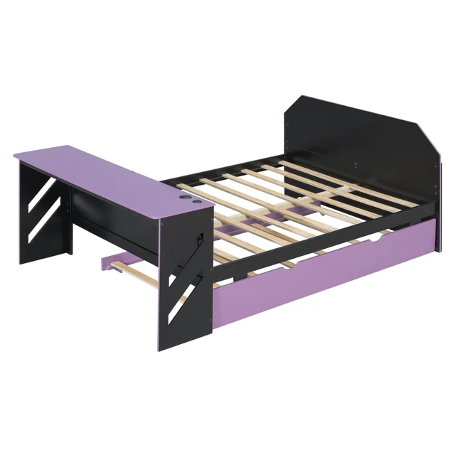 Alt view image 7 of 7 - Hassyee Full Size Wooden Daybed with Pull-Out Trundle, Modern Platform Bed with USB Port and Slat Support, Sofa Beds with Desk for Boys Girls Teens Gaming Room Guest Room Bedroom (Purple Full)