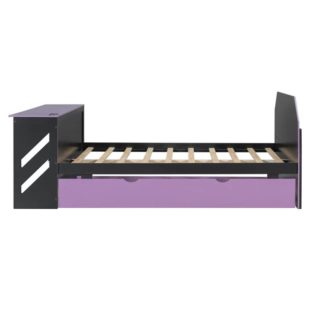 Alt view image 4 of 7 - Hassyee Full Size Wooden Daybed with Pull-Out Trundle, Modern Platform Bed with USB Port and Slat Support, Sofa Beds with Desk for Boys Girls Teens Gaming Room Guest Room Bedroom (Purple Full)