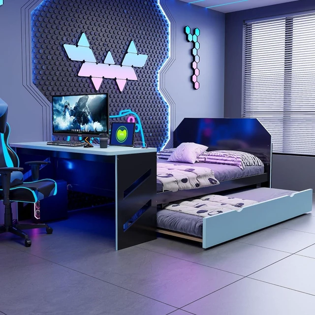 Main image of Hassyee Full Size Wooden Daybed with Pull-Out Trundle, Modern Platform Bed with USB Port and Slat Support, Sofa Beds with Desk for Boys Girls Teens Gaming Room Guest Room Bedroom (Blue Full)