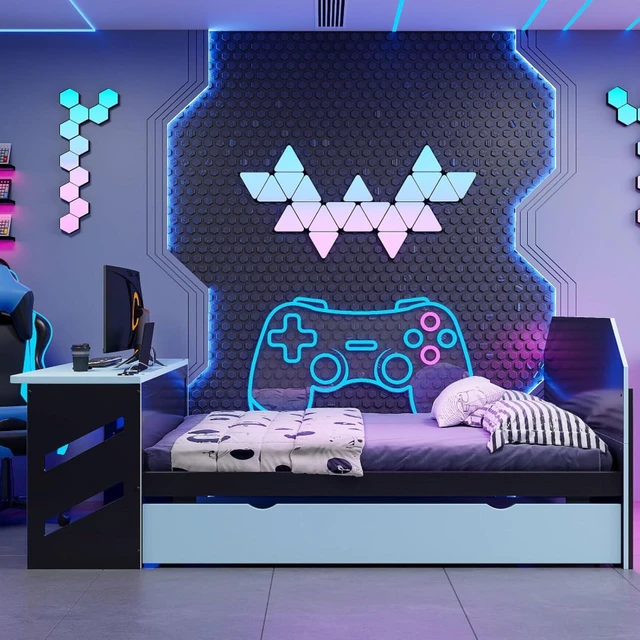 Alt view image 2 of 7 - Hassyee Full Size Wooden Daybed with Pull-Out Trundle, Modern Platform Bed with USB Port and Slat Support, Sofa Beds with Desk for Boys Girls Teens Gaming Room Guest Room Bedroom (Blue Full)