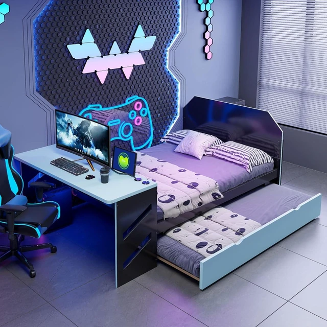 Alt view image 3 of 7 - Hassyee Full Size Wooden Daybed with Pull-Out Trundle, Modern Platform Bed with USB Port and Slat Support, Sofa Beds with Desk for Boys Girls Teens Gaming Room Guest Room Bedroom (Blue Full)