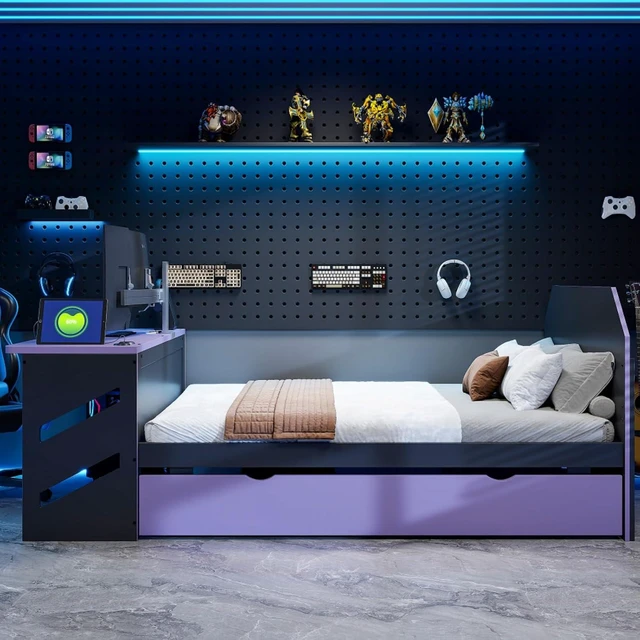 Alt view image 2 of 7 - Hassyee Full Size Wooden Daybed with Pull-Out Trundle, Modern Platform Bed with USB Port and Slat Support, Sofa Beds with Desk for Boys Girls Teens Gaming Room Guest Room Bedroom (Purple Full)
