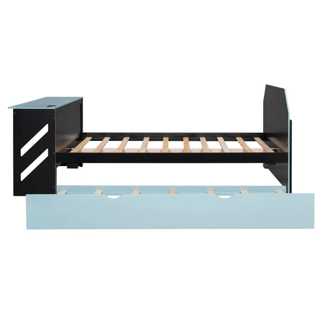 Alt view image 4 of 7 - Hassyee Full Size Wooden Daybed with Pull-Out Trundle, Modern Platform Bed with USB Port and Slat Support, Sofa Beds with Desk for Boys Girls Teens Gaming Room Guest Room Bedroom (Blue Full)