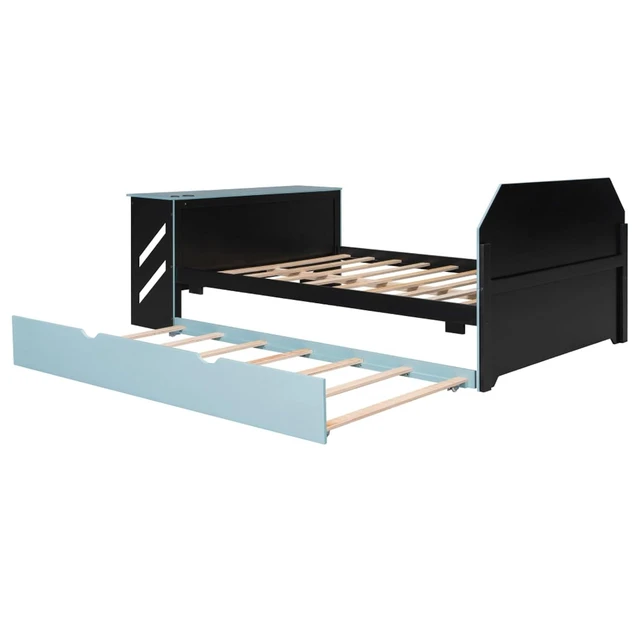 Alt view image 5 of 7 - Hassyee Full Size Wooden Daybed with Pull-Out Trundle, Modern Platform Bed with USB Port and Slat Support, Sofa Beds with Desk for Boys Girls Teens Gaming Room Guest Room Bedroom (Blue Full)