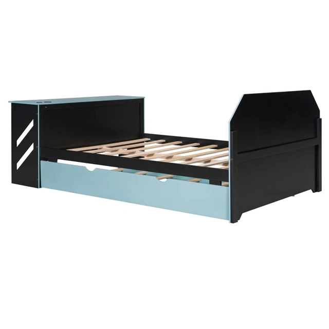 Alt view image 6 of 7 - Hassyee Full Size Wooden Daybed with Pull-Out Trundle, Modern Platform Bed with USB Port and Slat Support, Sofa Beds with Desk for Boys Girls Teens Gaming Room Guest Room Bedroom (Blue Full)