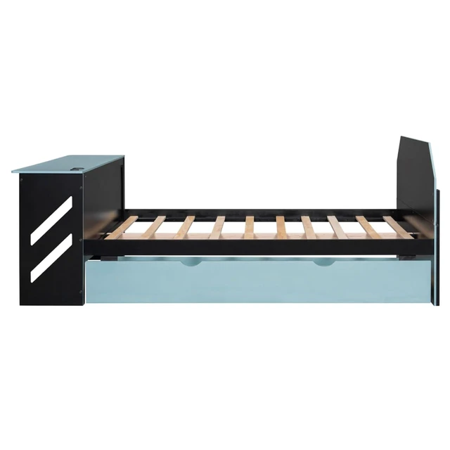 Alt view image 7 of 7 - Hassyee Full Size Wooden Daybed with Pull-Out Trundle, Modern Platform Bed with USB Port and Slat Support, Sofa Beds with Desk for Boys Girls Teens Gaming Room Guest Room Bedroom (Blue Full)