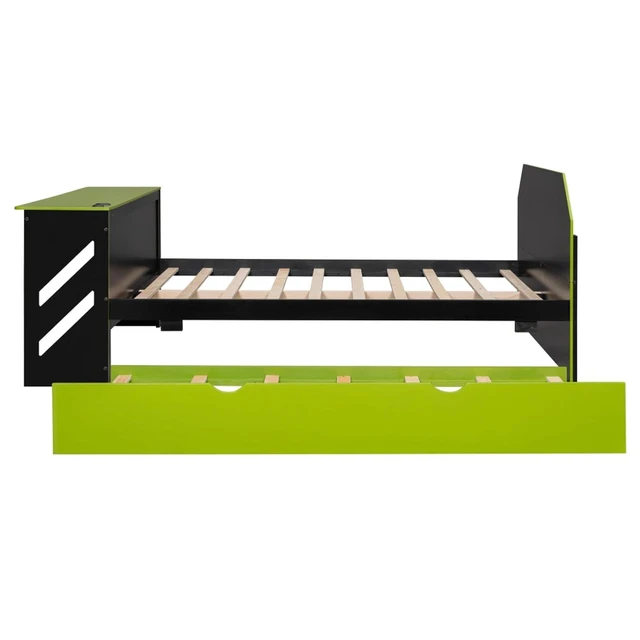 Alt view image 4 of 7 - Hassyee Full Size Wooden Daybed with Pull-Out Trundle, Modern Platform Bed with USB Port and Slat Support, Sofa Beds with Desk for Boys Girls Teens Gaming Room Guest Room Bedroom (Green Full)