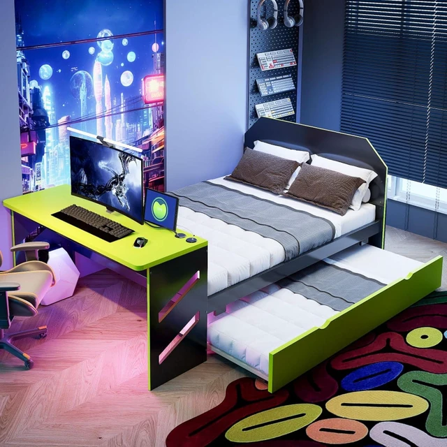 Alt view image 3 of 7 - Hassyee Full Size Wooden Daybed with Pull-Out Trundle, Modern Platform Bed with USB Port and Slat Support, Sofa Beds with Desk for Boys Girls Teens Gaming Room Guest Room Bedroom (Green Full)