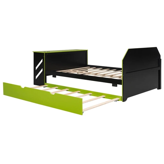Alt view image 6 of 7 - Hassyee Full Size Wooden Daybed with Pull-Out Trundle, Modern Platform Bed with USB Port and Slat Support, Sofa Beds with Desk for Boys Girls Teens Gaming Room Guest Room Bedroom (Green Full)
