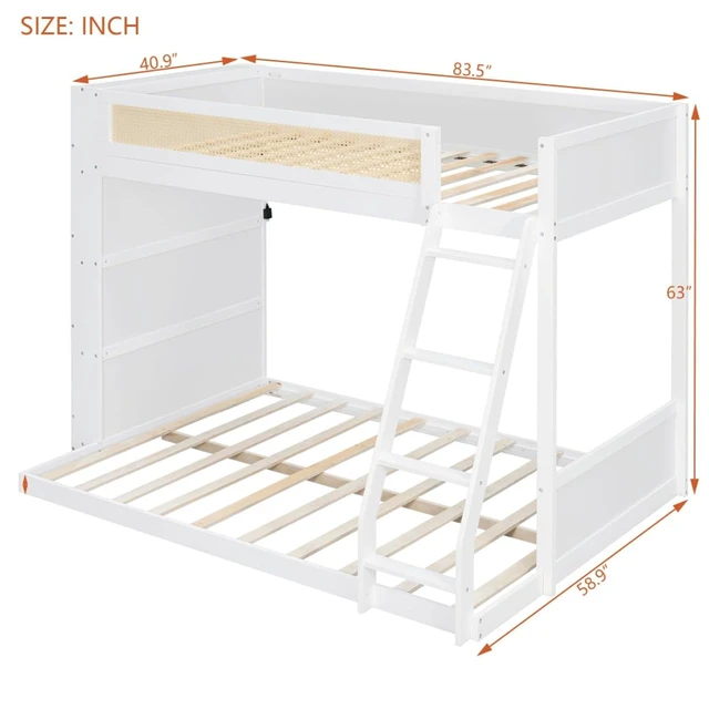 Alt view image 2 of 7 - Hassyee Twin Over Full Wood Bunk Bed with Side Bookshelf and LED Lights, Dorm Bed with Ladder and Guard Rails, Floor Beds for Girls Boys Teens Shared Room Guest Room Bedroom (White Twin Over Full)