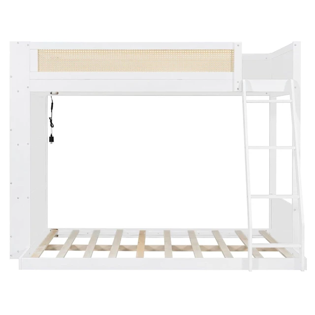 Alt view image 4 of 7 - Hassyee Twin Over Full Wood Bunk Bed with Side Bookshelf and LED Lights, Dorm Bed with Ladder and Guard Rails, Floor Beds for Girls Boys Teens Shared Room Guest Room Bedroom (White Twin Over Full)