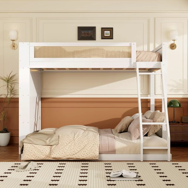 Alt view image 3 of 7 - Hassyee Twin Over Full Wood Bunk Bed with Side Bookshelf and LED Lights, Dorm Bed with Ladder and Guard Rails, Floor Beds for Girls Boys Teens Shared Room Guest Room Bedroom (White Twin Over Full)