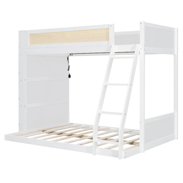 Alt view image 5 of 7 - Hassyee Twin Over Full Wood Bunk Bed with Side Bookshelf and LED Lights, Dorm Bed with Ladder and Guard Rails, Floor Beds for Girls Boys Teens Shared Room Guest Room Bedroom (White Twin Over Full)