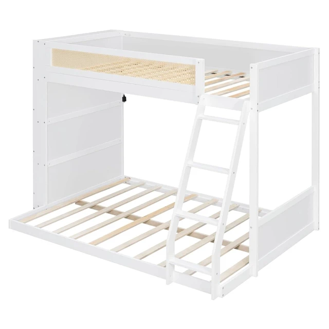 Alt view image 6 of 7 - Hassyee Twin Over Full Wood Bunk Bed with Side Bookshelf and LED Lights, Dorm Bed with Ladder and Guard Rails, Floor Beds for Girls Boys Teens Shared Room Guest Room Bedroom (White Twin Over Full)