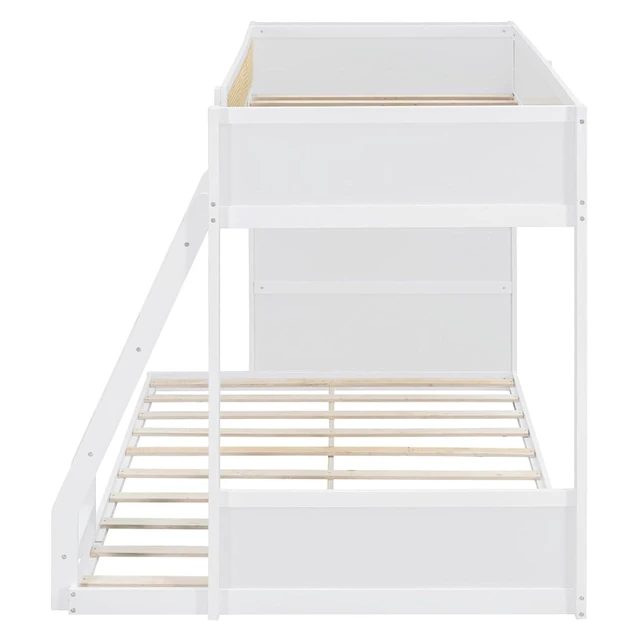 Alt view image 7 of 7 - Hassyee Twin Over Full Wood Bunk Bed with Side Bookshelf and LED Lights, Dorm Bed with Ladder and Guard Rails, Floor Beds for Girls Boys Teens Shared Room Guest Room Bedroom (White Twin Over Full)