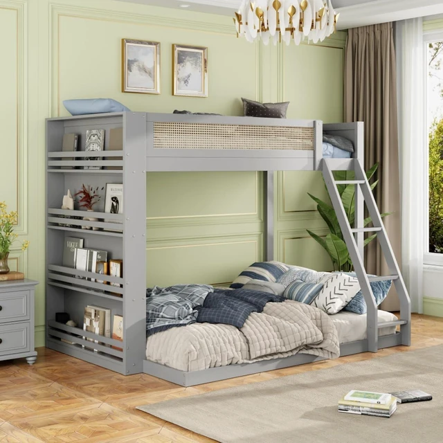 Main image of Hassyee Twin Over Full Wood Bunk Bed with Side Bookshelf and LED Lights, Dorm Bed with Ladder and Guard Rails, Floor Beds for Girls Boys Teens Shared Room Guest Room Bedroom (Gray Twin Over Full)