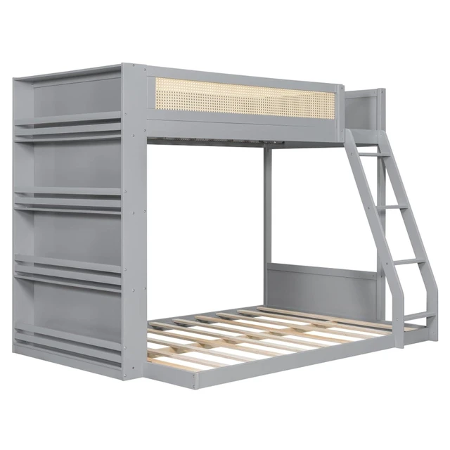 Alt view image 5 of 7 - Hassyee Twin Over Full Wood Bunk Bed with Side Bookshelf and LED Lights, Dorm Bed with Ladder and Guard Rails, Floor Beds for Girls Boys Teens Shared Room Guest Room Bedroom (Gray Twin Over Full)