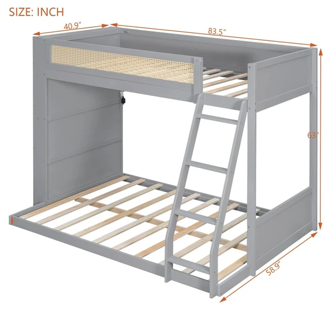 Alt view image 2 of 7 - Hassyee Twin Over Full Wood Bunk Bed with Side Bookshelf and LED Lights, Dorm Bed with Ladder and Guard Rails, Floor Beds for Girls Boys Teens Shared Room Guest Room Bedroom (Gray Twin Over Full)