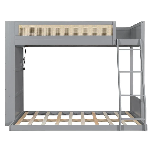 Alt view image 4 of 7 - Hassyee Twin Over Full Wood Bunk Bed with Side Bookshelf and LED Lights, Dorm Bed with Ladder and Guard Rails, Floor Beds for Girls Boys Teens Shared Room Guest Room Bedroom (Gray Twin Over Full)