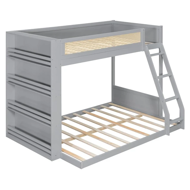 Alt view image 6 of 7 - Hassyee Twin Over Full Wood Bunk Bed with Side Bookshelf and LED Lights, Dorm Bed with Ladder and Guard Rails, Floor Beds for Girls Boys Teens Shared Room Guest Room Bedroom (Gray Twin Over Full)