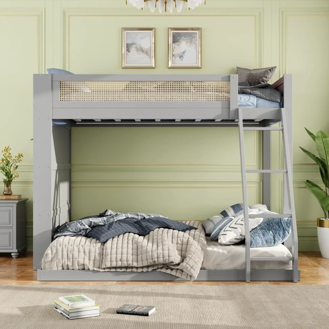 Alt view image 3 of 7 - Hassyee Twin Over Full Wood Bunk Bed with Side Bookshelf and LED Lights, Dorm Bed with Ladder and Guard Rails, Floor Beds for Girls Boys Teens Shared Room Guest Room Bedroom (Gray Twin Over Full)