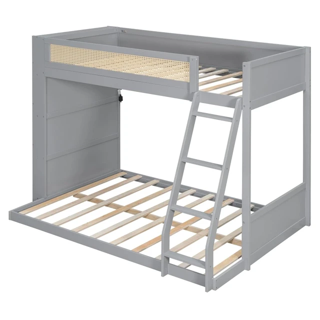 Alt view image 7 of 7 - Hassyee Twin Over Full Wood Bunk Bed with Side Bookshelf and LED Lights, Dorm Bed with Ladder and Guard Rails, Floor Beds for Girls Boys Teens Shared Room Guest Room Bedroom (Gray Twin Over Full)