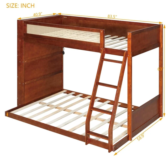Alt view image 2 of 7 - Hassyee Twin Over Full Wood Bunk Bed with Side Bookshelf and LED Lights, Dorm Bed with Ladder and Guard Rails, Floor Beds for Girls Boys Teens Shared Room Guest Room Bedroom (Espresso Twin Over Full)