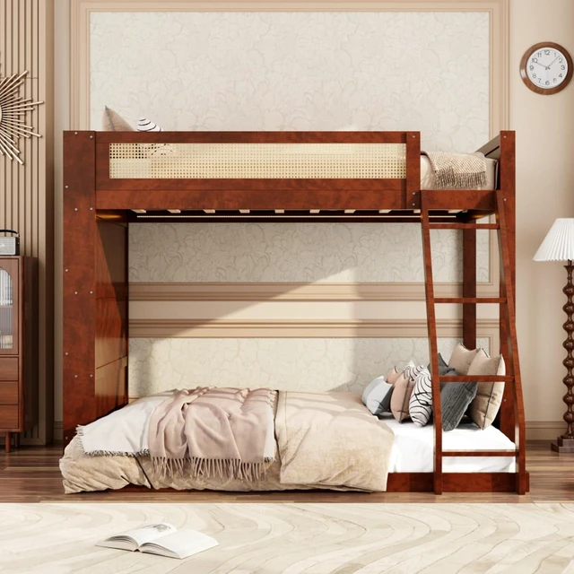 Alt view image 3 of 7 - Hassyee Twin Over Full Wood Bunk Bed with Side Bookshelf and LED Lights, Dorm Bed with Ladder and Guard Rails, Floor Beds for Girls Boys Teens Shared Room Guest Room Bedroom (Espresso Twin Over Full)