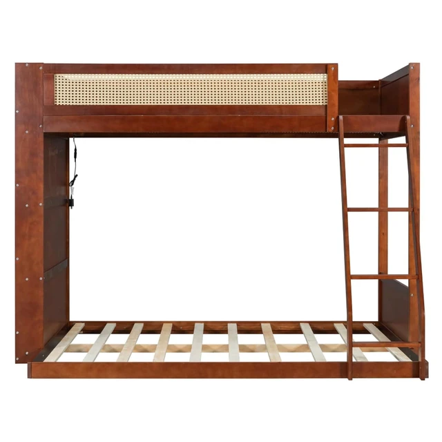 Alt view image 4 of 7 - Hassyee Twin Over Full Wood Bunk Bed with Side Bookshelf and LED Lights, Dorm Bed with Ladder and Guard Rails, Floor Beds for Girls Boys Teens Shared Room Guest Room Bedroom (Espresso Twin Over Full)