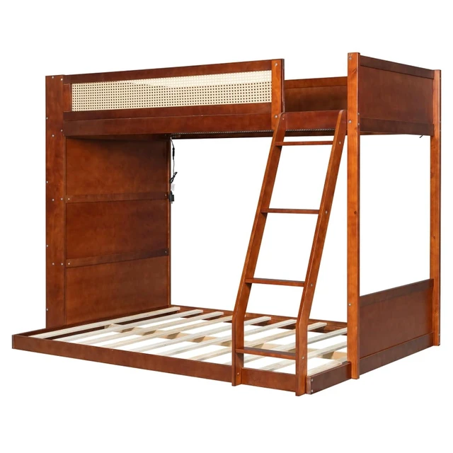 Alt view image 5 of 7 - Hassyee Twin Over Full Wood Bunk Bed with Side Bookshelf and LED Lights, Dorm Bed with Ladder and Guard Rails, Floor Beds for Girls Boys Teens Shared Room Guest Room Bedroom (Espresso Twin Over Full)