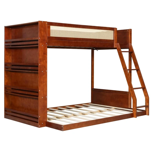 Alt view image 7 of 7 - Hassyee Twin Over Full Wood Bunk Bed with Side Bookshelf and LED Lights, Dorm Bed with Ladder and Guard Rails, Floor Beds for Girls Boys Teens Shared Room Guest Room Bedroom (Espresso Twin Over Full)
