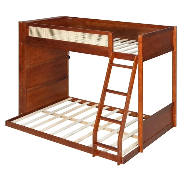 Alt view image 6 of 7 - Hassyee Twin Over Full Wood Bunk Bed with Side Bookshelf and LED Lights, Dorm Bed with Ladder and Guard Rails, Floor Beds for Girls Boys Teens Shared Room Guest Room Bedroom (Espresso Twin Over Full)
