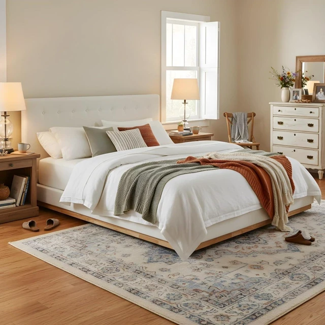 Alt view image 4 of 7 - Hassyee King Size Solid Wood Platform Bed with Upholstered Headboard, Modern Panel Bed Mattress Foundation with Sturdy Slat Support, Grounded Beds for Master Bedroom Guest Room, Noise-Free