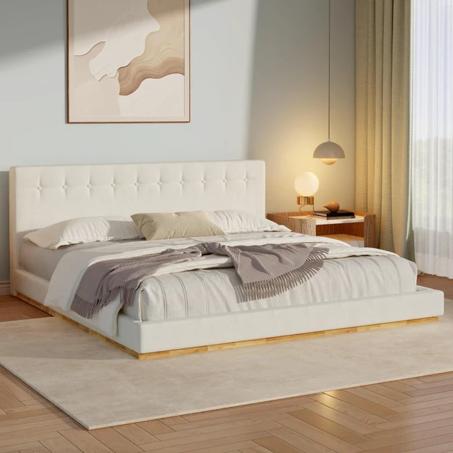 Alt view image 5 of 7 - Hassyee King Size Solid Wood Platform Bed with Upholstered Headboard, Modern Panel Bed Mattress Foundation with Sturdy Slat Support, Grounded Beds for Master Bedroom Guest Room, Noise-Free
