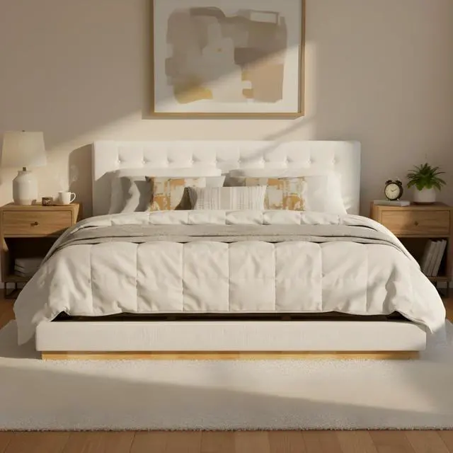 Alt view image 3 of 7 - Hassyee King Size Solid Wood Platform Bed with Upholstered Headboard, Modern Panel Bed Mattress Foundation with Sturdy Slat Support, Grounded Beds for Master Bedroom Guest Room, Noise-Free