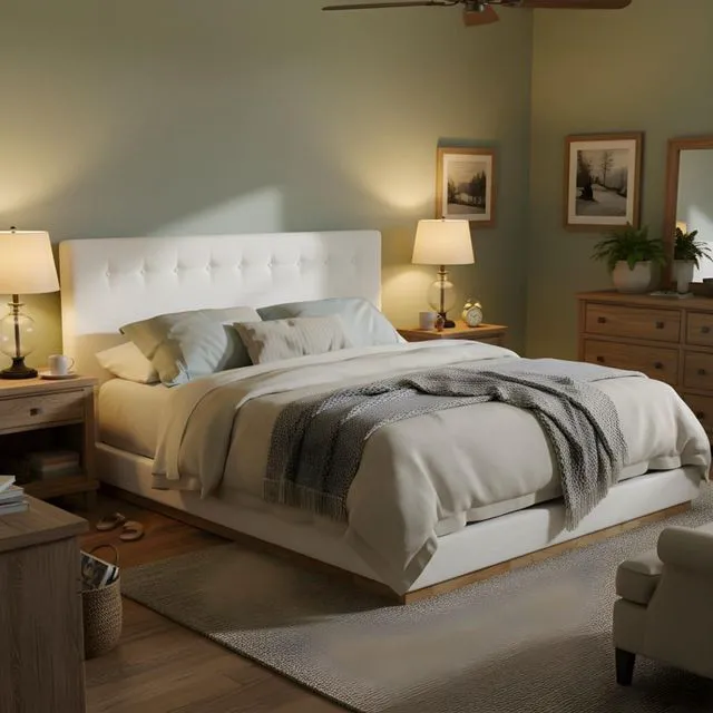 Main image of Hassyee King Size Solid Wood Platform Bed with Upholstered Headboard, Modern Panel Bed Mattress Foundation with Sturdy Slat Support, Grounded Beds for Master Bedroom Guest Room, Noise-Free