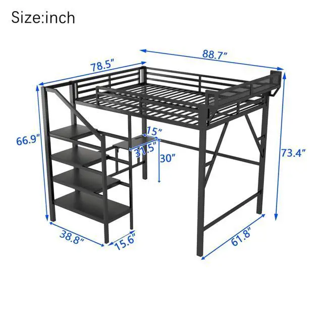 Alt view image 2 of 7 - Hassyee Queen/Full Size Loft Bed with Foldable Desk and Charging Station, Metal Dorm Bed with LED Light, Guardrail and Storage Staircase for Teens Adults Guest Room Apartment Bedroom (Black Queen)