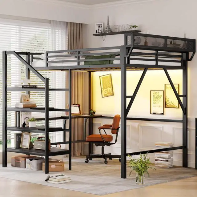 Alt view image 3 of 7 - Hassyee Queen/Full Size Loft Bed with Foldable Desk and Charging Station, Metal Dorm Bed with LED Light, Guardrail and Storage Staircase for Teens Adults Guest Room Apartment Bedroom (Black Queen)
