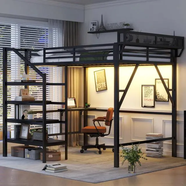 Alt view image 4 of 7 - Hassyee Queen/Full Size Loft Bed with Foldable Desk and Charging Station, Metal Dorm Bed with LED Light, Guardrail and Storage Staircase for Teens Adults Guest Room Apartment Bedroom (Black Queen)
