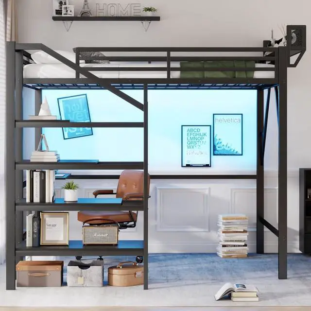 Alt view image 5 of 7 - Hassyee Queen/Full Size Loft Bed with Foldable Desk and Charging Station, Metal Dorm Bed with LED Light, Guardrail and Storage Staircase for Teens Adults Guest Room Apartment Bedroom (Black Queen)