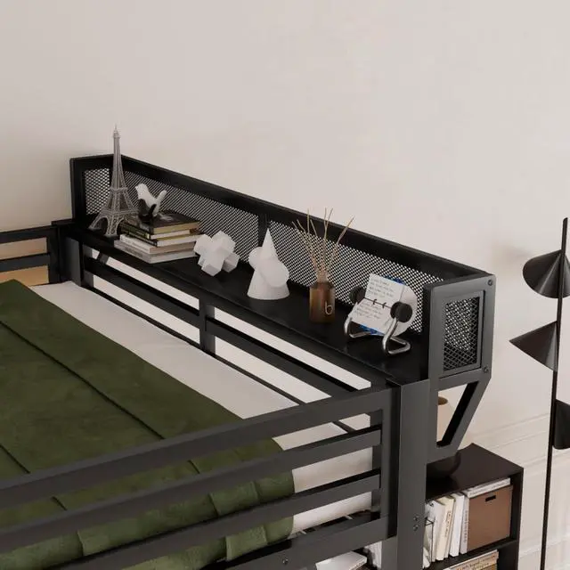Alt view image 7 of 7 - Hassyee Queen/Full Size Loft Bed with Foldable Desk and Charging Station, Metal Dorm Bed with LED Light, Guardrail and Storage Staircase for Teens Adults Guest Room Apartment Bedroom (Black Queen)