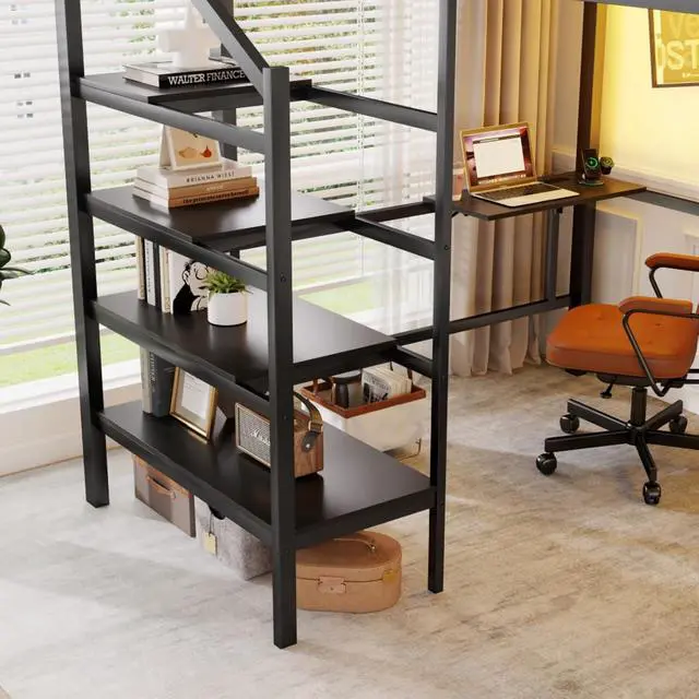 Alt view image 6 of 7 - Hassyee Queen/Full Size Loft Bed with Foldable Desk and Charging Station, Metal Dorm Bed with LED Light, Guardrail and Storage Staircase for Teens Adults Guest Room Apartment Bedroom (Black Queen)