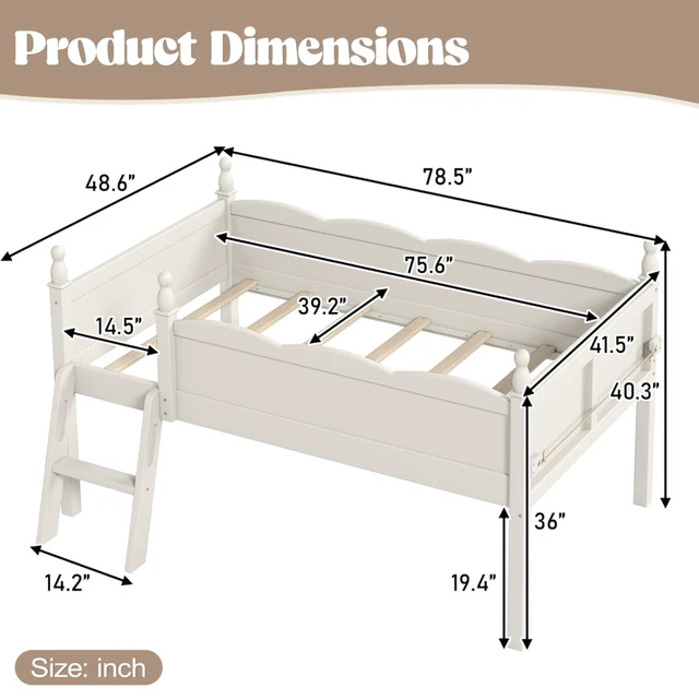 Alt view image 2 of 7 - Twin/Full Size Loft Bed with Full-Length Guardrails, Solid Wood Dorm Bed with Ladders and Beside Bookshelf, Corner Beds with Slat Support for Boys Girls Playroom Guest Room Bedroom (Beige Twin)