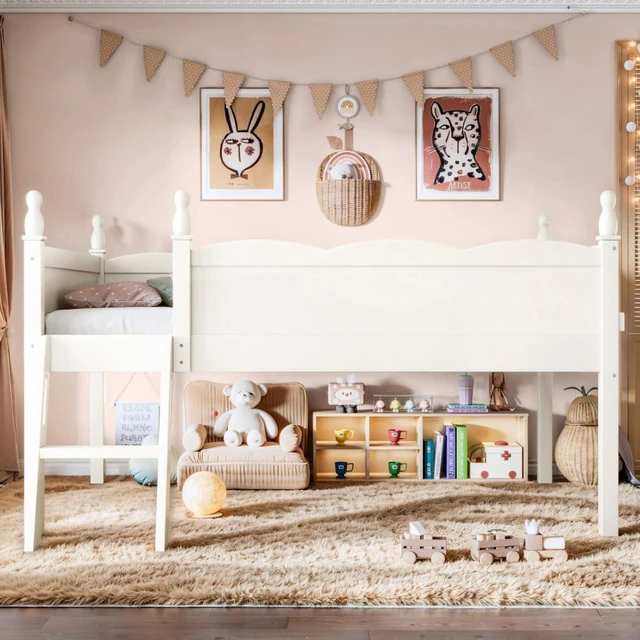 Alt view image 3 of 7 - Twin/Full Size Loft Bed with Full-Length Guardrails, Solid Wood Dorm Bed with Ladders and Beside Bookshelf, Corner Beds with Slat Support for Boys Girls Playroom Guest Room Bedroom (Beige Twin)