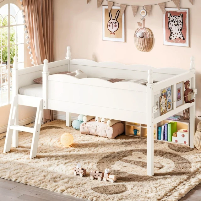 Alt view image 4 of 7 - Twin/Full Size Loft Bed with Full-Length Guardrails, Solid Wood Dorm Bed with Ladders and Beside Bookshelf, Corner Beds with Slat Support for Boys Girls Playroom Guest Room Bedroom (Beige Twin)