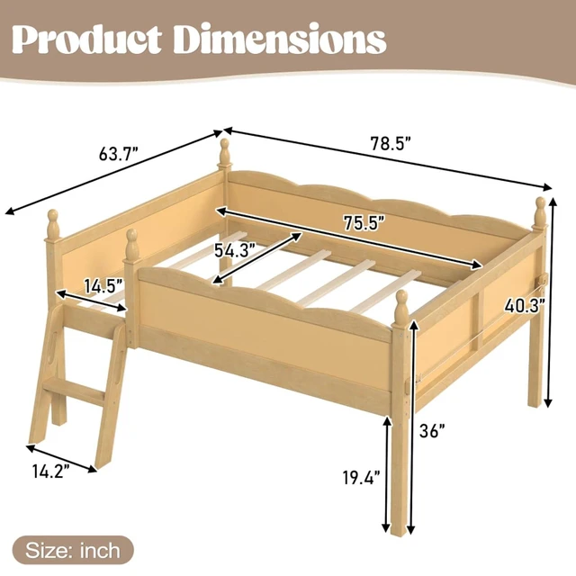 Alt view image 2 of 7 - Twin/Full Size Loft Bed with Full-Length Guardrails, Solid Wood Dorm Bed with Ladders and Beside Bookshelf, Corner Beds with Slat Support for Boys Girls Playroom Guest Room Bedroom (Natural Full)