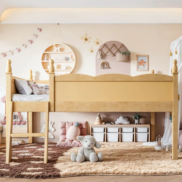Alt view image 3 of 7 - Twin/Full Size Loft Bed with Full-Length Guardrails, Solid Wood Dorm Bed with Ladders and Beside Bookshelf, Corner Beds with Slat Support for Boys Girls Playroom Guest Room Bedroom (Natural Full)